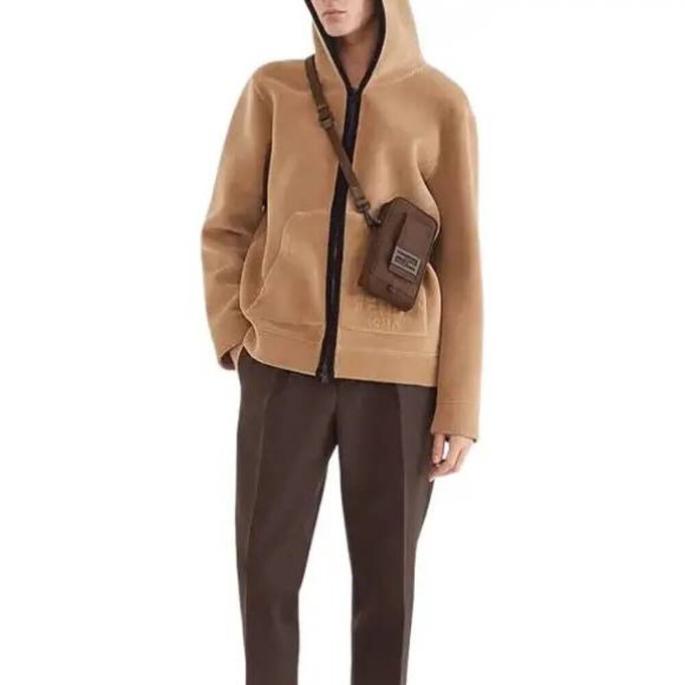 Fendi Tan Corduroy Logo-Embossed Zip Hooded Jacket